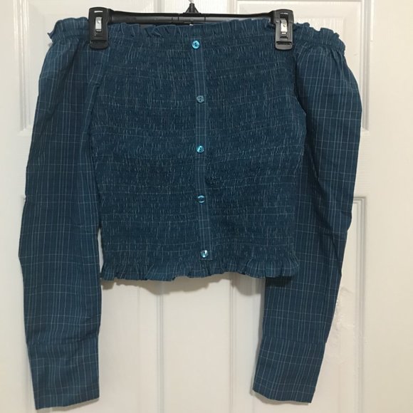 Rouched Off-the-Shoulder Button Up - Picture 1 of 2